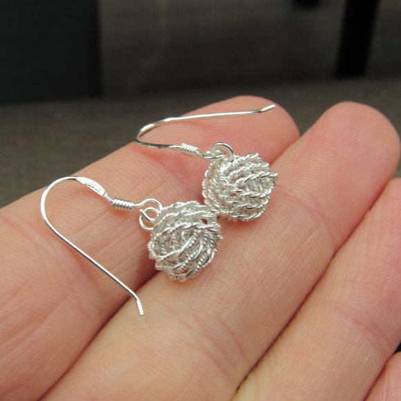 Sterling Silver Bright Braided Orb Dangle Earrings Vintage - Picture 2 of 6